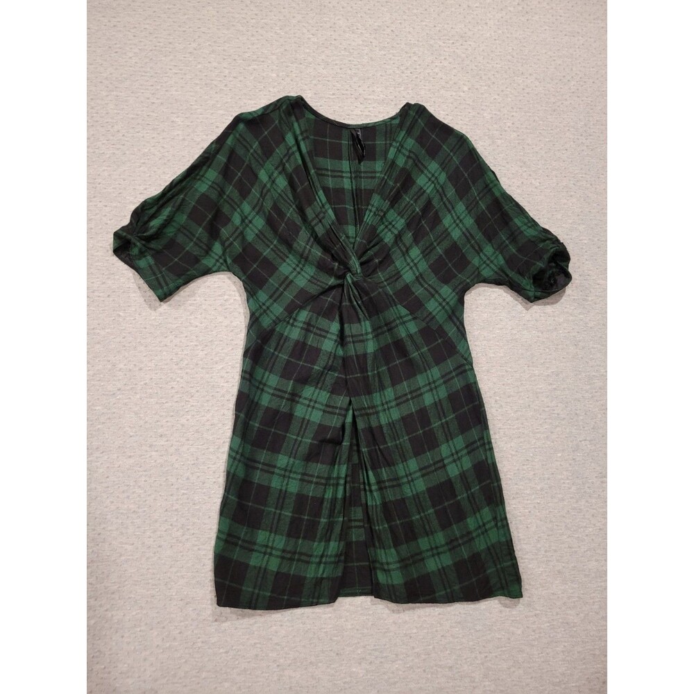 Zara TRF Green Black Plaid Split Front Tunic Dress Womens XS Short Sleeve Soft
